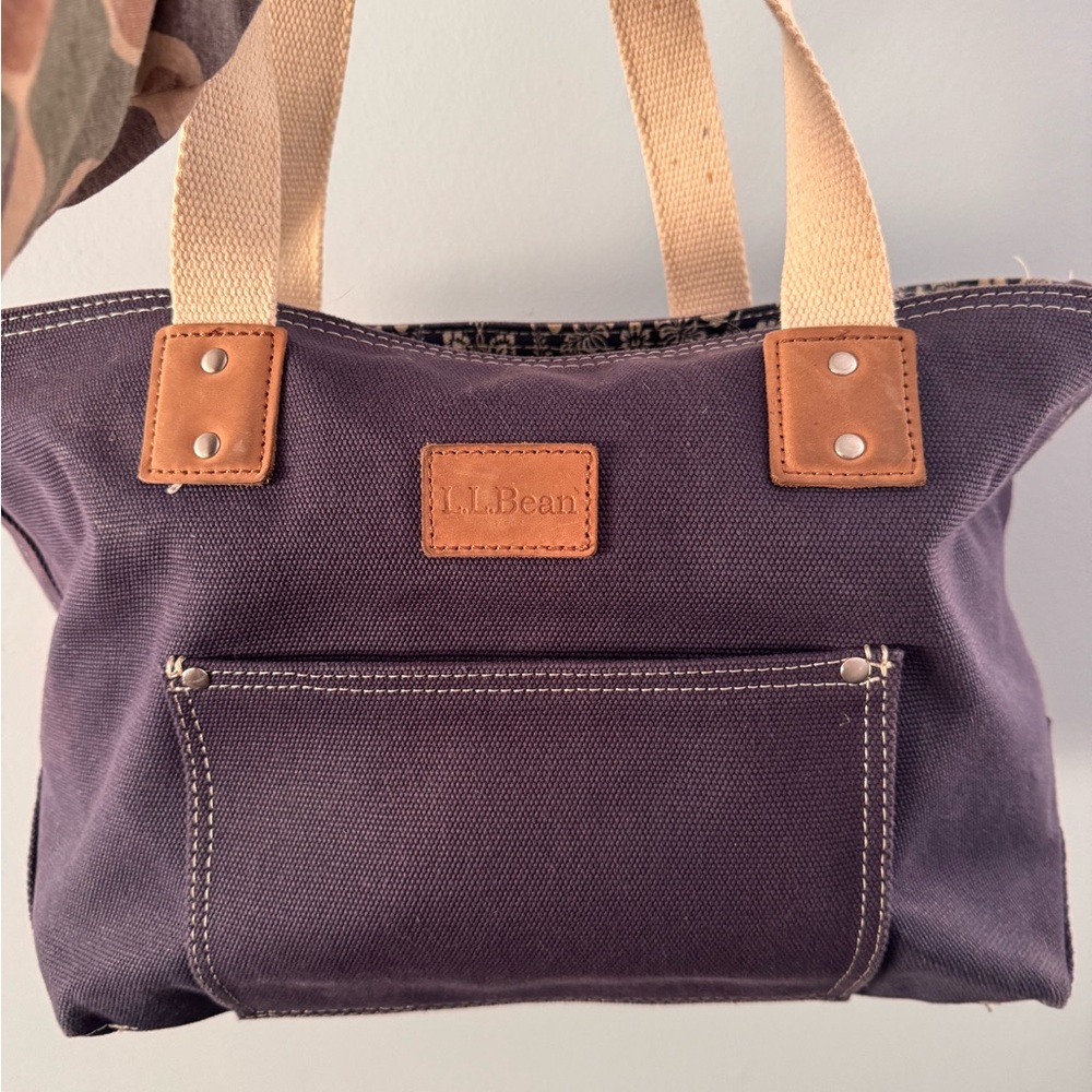 L.L. Bean Dark blue Canvas Tote with Tan Handles